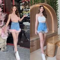 ราคา กางเกงยีนส์ขาสั้น แต่งขนฟรุ้งฟริ้งขอบล่าง รีดติดคริสตัลเพชร3D (22519920833)