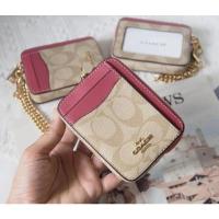 ราคา ✈ Coach แท้ กระเป๋าใส่บัตร, ใส่เหรียญ ลาย C ขอบสีชมพู (18248031038)