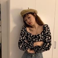 ราคา เสื้อเชิ้ตแขนยาวสีดำพิมพ์ลาย ผ้าชีฟอง พิมพ์ลายดอกเดซี่ สไตล์เรโทร (13394497033)