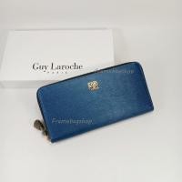 ราคา Guy Laroche กระเป๋าสตางค์ผู้หญิงใบยาว ซิปรอบ สีน้ำเงินอมฟ้า หนังลาย อะไหล่สีทอง หนังแท้ (25689163283)