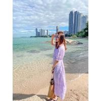 ราคา เดรสม่วง ลายสก๊อตพาสเทล ผูกเอว น่ารัก (22050519068)