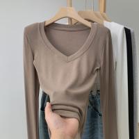 ราคา เสื้อยืดแขนยาวสลิมฟิตสำหรับผู้หญิง ลายหวานเผ็ด คอวีทรงเรียบหรู (43522208794)