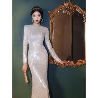 ราคา ชุดราตรีสีเทาเงินชุดออกงานเดรสยาวแขนยาว (24308628048)