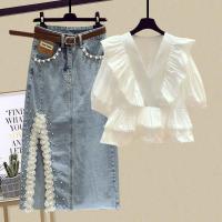 ราคา ชุดใหม่สำหรับผู้หญิงฤดูร้อน [กระโปรงยีนส์] เสื้อชีฟองสองชิ้นแบบเข้ารูป คอวี สไตล์ชาแนลเล็ก มีเข็มขัดระบาย (29333053748)
