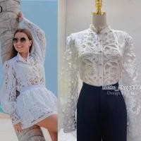 ราคา พร้อมส่งแถมซับในสายเดี่ยว เสื้อเชิ้ตลูกไม้ลายฉลุกระดุมมุกผ่าหน้า เสื้อใส่งานบุญงานบวชใส่กับผ้าถุง (14198445869)