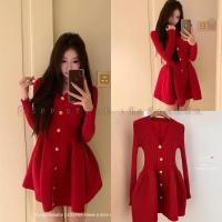 ราคา ♥️ เดรสคอวีแขนยาวงานผ้าร่องไหมพรมโทนสีแดง (24689806242)