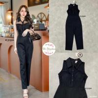 ราคา จั้มสูทขายาวแขนกุดกระดุมหน้าคอปกช่วงบนแต่งผ้าซีทรูตัดด้วยซับในเกาะอก (23922513010)