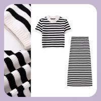 ราคา ☁️ชุดเซทไหมพรม เสื้อ กระโปรงยาวลายขวางสินค้าพรี (21376413663)