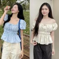 ราคา พร้อมส่ง เสื้อแขนพองลายจุด เสื้อpolkadot เสื้อครอปแขนพองน่ารัก เฉพาะเสื้อเที่ยวคาเฟ่ แขนพองเปิดไหล่ (26138022066)