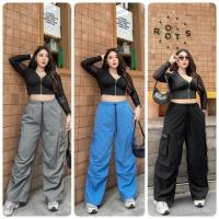 ราคา (LC) กางเกงคาร์โก้สาวอวบใหญ่ ผ้าร่ม ดีเทลซิปข้าง สม็อครอบเอว (27216258019)