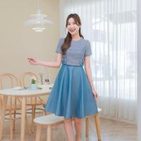 ราคา เดรสผ้าทออัดกาวทั้งชุด ป้าย La sisters คอกลม สีฟ้าลายขอ โบว์เอว (s) มือหนึ่ง (24185182873)