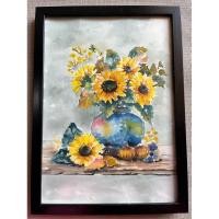 ราคา ภาพวาดดอกไม้ในแจกัน ภาพวาดสีน้ำ ขนาดA4 พร้อมกรอบแขวนได้ตั้งได้ (26573286982)