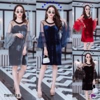 ราคา PE11118 Dress เดรสสั้นคอกลมแขนยาวผ้ามุ้งระบาย 2 ชั้น เนื้อผ้ากำมะหยี่ อกต่อด้วยผ้ามุ้งซีทรู (6509768128)