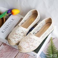 ราคา adan_shop​ รองเท้าผ้าลูกไม้วาเลนลายฉลุคาดปอถักสีครีม​ ไซส์ 36-40 (2168039083)