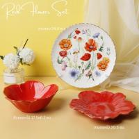 ราคา Violet Flamingo เซ็ตจานชาม 3 ใบ Red Flower Dinner Set ชุดจานชามรับประทานอาหารลายดอกไม้สีแดง จานเซรามิคพร้อมกล่องของขวัญ (20488291697)