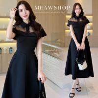 ราคา S-XL เดรสคอปกตัวยาว ช่วงอกแต่งซีทรูคลุมไหล่ ชุดทรงสวย ชุดออกงาน ชุดไปงาน ชุดทำงานผู้หญิง ชุดไว้อาลัย ใส่แล้วผอม ootd pw (52250158528)