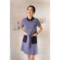 ราคา มินิเดรสมินิเดรสคอปกแต่งกระเป๋าสีกรม (11923503935)