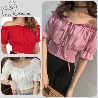 ราคา เสื้อยืดแฟชั่นสตรีเปิดไหล่ เสื้อครอปแขนสั้นจั้มแขนเอว แต่งระบายขอบ ยืดได้ใส่สบาย (23421857516)