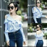 ราคา เสื้อเชิ้ตปาดไหล่ ลายทางสีดำ อก32-36 ยาว21 (698180593)