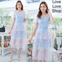 ราคา เดรสลูกไม้ฟ้ารับวันแม่!!! M-L Dress เดรสสีฟ้าผ้าปักดอกไม้กระโปรงระบายชั้นๆ งานป้าย Love Love (24484209860)
