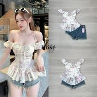 ราคา K.shop Rose79 ชุดเซทเสื้อฉลุลายลูกไม้ลายดอก ทรงแขนปาด ชายเป็นระบาย มากับกางเกงยีนส์ขาสั้น (24143875421)