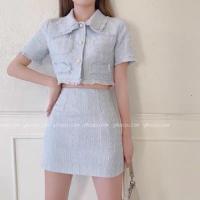 ราคา ชุดคุณหนู ผ้าทวิต สไตล์CHANEL สีฟ้า Size S ทั้งชุด (8412551397)