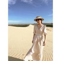 ราคา HAND EMBROIDERED LINEN ชุดสีครีมคอวียาว MIDI แขนเสื้อสวย - ROSIE LINEN (27638766266)
