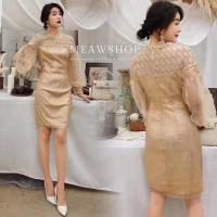 ราคา เดรสงานปักเลื่อม แขนยาว M-2XL เดรสสีทอง ชุดออกงาน ชุดไปงาน ชุดออกงานคุณแม่ งานป้าย THE CLASSIC (19309365819)