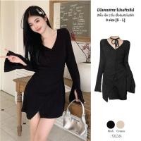 ราคา เดรสสั้นแขนยาว สีพื้น ดีเทลสายผูกคอ กระโปรงทรงทิวลิปสม็อคเอว ทรงเข้ารูป Dress ผู้หญิง ผ้านุ่ม #9158 (25336880007)