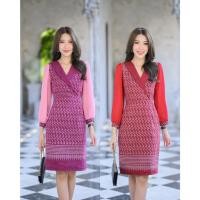 ราคา ชุดผ้าไทย เดรสผ้าไทย เดรสทำงาน ผ้าไทย เดรสทรงสอบอกไขว้แต่งปก แขนยาวผ้าชีฟอง (12084083356)