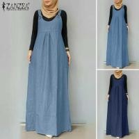 ราคา ▣ เสื้อผ้ามุสลิมผู้หญิง,ชุดเดรสผ้าเดนิมหลวมคอ (28723672619)