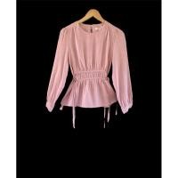 ราคา เสื้อแขนยาวผ้าฝ้ายผสมเรย่อน สีชมพูกะปิ แต่งเชือกผูกเอว (24419375072)