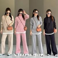 ราคา set ชุดเซทไหมพรม ทรงคอตั้งแขนยาว แต่งขอบผ้าสีขาว งานฟรีไซส์ มาคู่กับกางเกงขายาว (22782162195)