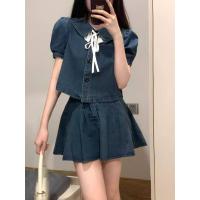 ราคา maoziicute[พร้อมส่ง]เซ็ทยีนส์เสื้อคอบัวตกแต่งคอบัวขาวและกระโปรง(A57) (25606601961)