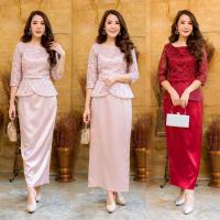 ราคา ชุดไทยประยุกต์ชุดไปงานชุดแม่บ่าวสาวชุดเซต Set เสื้อลูกไม้ใยบวบปักกริ้ตเตอร์ + กระโปรงผ้านุ่มซาตินวาเลนติโน่ มีsize M-4XL (14714257411)