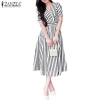 ราคา ZANZEA ผู้หญิง Korean Style Elegant V-neck Puff Sleeve A-line Dress (43170581975)