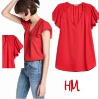 ราคา HM เสื้อคอวี Ruffle Sleeve Blouse (LABEL IN SCISSORS) (43655759468)