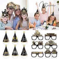 ราคา ISTANU 6/12/18 ชิ้นแว่นตาคริสต์มาส, สวัสดีปีใหม่ 2025 กระดาษ Xmas กรอบแว่นตา, สีดําทองการถ่ายภาพ Props Glitter หมวกทิ้งปี (55050032029)
