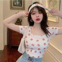 ราคา พร้อมส่งในไทย** เสื้อยืดลำลอง ผ้านิ่ม ยืด ลายสตอเบอร์รี่ สีขาวสีชมพูสำหรับผู้หญิง Y136 (27060282868)