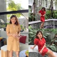 ราคา เดรสคอวี กระดุมหน้า สีคาราเมล/ส้มอิฐ (21738070270)