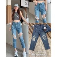 ราคา กางเกงยีนส์ขายาวทรงบอยเอวสูงแต่งขาดผ้าไม่ยืด (26003433845)