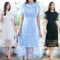ราคา เดรสลูกไม้ฟ้ารับวันแม่!!! L-4XL Dress เดรสสีขาวผ้าซีทรูปักลายแขนระบาย งานป้าย Love love (7439985589)