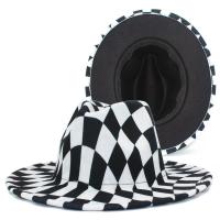 ราคา หมวกทรงสูงลายตารางหมากรุกหมวกแจ๊สลายสก๊อตสีดำและสีขาวสำหรับชายและหญิงหมวกสักหลาดยอดนิยม (25438512470)