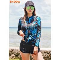 ราคา ชุดว่ายน้ำซิปหน้าแขนยาวขายาว ผ้ากันUV งาน5ชิ้นหญิง ลายใบไม้สีน้ำเงิน S100w พร้อมส่ง (2707894341)