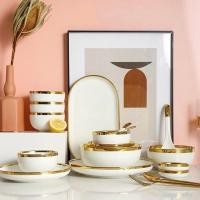 ราคา ชุดจานชามเซรามิค ชุดจานชาม จาน ชาม ถ้วย ช้อน สไตล์ยุโรป หรูหราเซรามิคสีขาวขอบทอง 18ชิ้น/ชุด (13145885481)