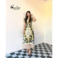 ราคา เดรสยาว คอวี แขนสั้นแต่งระบายผ้ามุ้งที่แขนและชายกระโปรง ช่วงอกเย็บย่นๆผูกโบว์ขาว เนื้อผ้าและลวดLuxuryหนักมาก ออเดอร์มารั (5160607200)