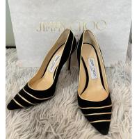 ราคา (มือ 2) รองเท้าส้นสูง Jimmy Choo Black/Gold Suede and Leather Trim Romy Pointed Toe Pumps Size 36 (27285530734)