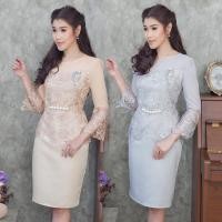 ราคา ชุดเดรสลูกไม้สีเทา/ครีมทอง แขนสามส่วนชีฟอง M-XXL (25810379574)