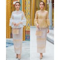 ราคา ทักก่อนสั่ง ชุดเซท ไทยประยุกต์ เสื้อลูกไม้+กระโปรงผ้าไหมทอ M-2XL VSHOP (20721144203)