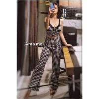 ราคา PE10585 Set 2 ชิ้น เสื้อสายเดี่ยวทรงครอปด้านหน้าปักดาววิ้งๆ ผ้าบลูเวฟลายชิโนริ + กางเกงขายาว (3205971023)